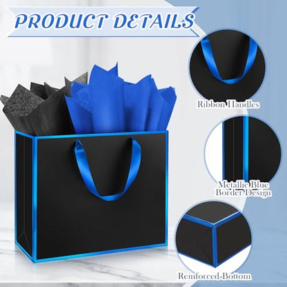 ReliThick 12 Pack Paper Gift Bag with Handles & Tissue, Black, Blue - color: Black, Blue