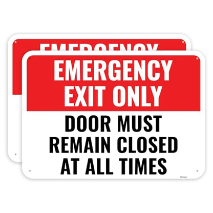 2PC Emergency Exit Only Sign, 10 x 7 Inches - Aluminum - Door Must Remain Closed At All Times - color: Red, White, Black