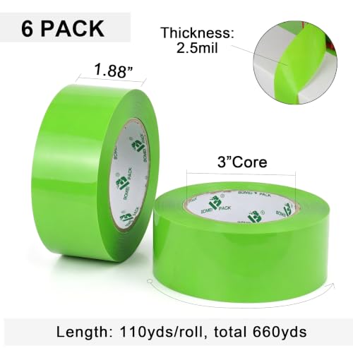 BOMEI PACK Fluorescent Green Packing Tape Refills, 6 Rolls of Heavy Duty Packaging Tape for Moving Sealing, Moving Supplies,2.52 Mil Thick, 1.88 in Wide, 110 Yards PER Roll,Total 660 Yards - color: Light Green