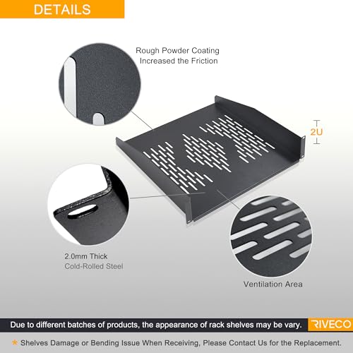 RIVECO 2U Server Rack Shelves for 19" Network Cabinet, Rack Mount Vented Cantilever Trays for Deep IT & Audio Equipment, 18" Depth, 2 PCS Black - size: 18 Inch