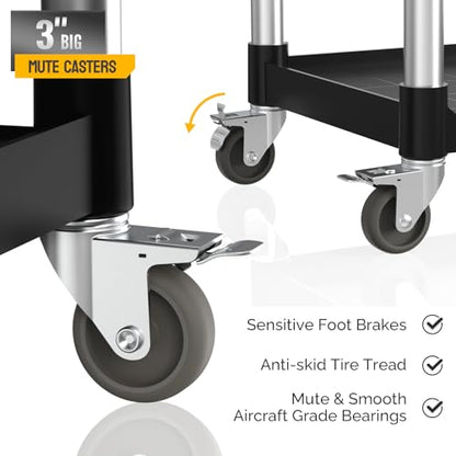 TUFFIOM 3-Tier Plastic Service Utility Cart with Wheels, Heavy Duty 390lbs Capacity, Commercial Rolling Ideal for Restaurant, Foodservice, Office, Warehouse, Black 24.6''L x 15.8''W x 37.4''H - size: Black 24.6''L x 15.8''W x 37.4''H