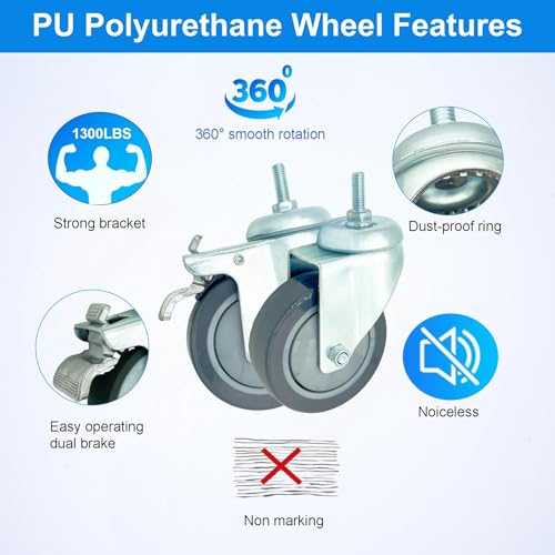4 inch Swivel Caster Wheels Heavy Duty with Aluminum Brake, 3/8"-16x1 Threaded Stem Casters Set of 4, Polyurethane Grey PU Wheels for Hospital, Lab, Furnitures,Restaurant - color: Grey PU, size: 3/8"-16x1", style: 4 AL brake