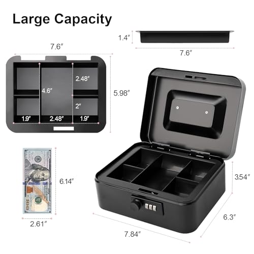 Jssmst Cash Box with Money Tray and Combination Lock - Secure Medication Lock Box for Home and Office Use, 7.87'' x 6.3'' x 3.54'' - Durable and Reliable Security Solution - color: Black, size: Medium