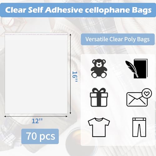 70 Pack 12x16" Clear Cellophane Bags for Shirts, Gift Wrapping, Artwork - size: 12x16 Inch