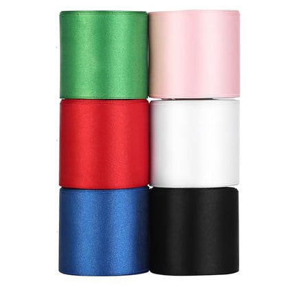 LIUYAXI Rainbow Satin Ribbon 2 Inch x 6 Rolls Total 60 Yards - Red/Green/Black/White/Pink/Blue Double Faced Stain Ribbon for Gift Wrapping Craft Wedding Party Christmas Decoration Baby Shower - size: 2 inch