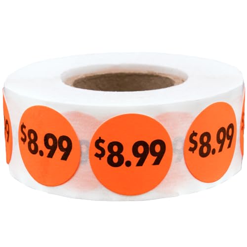 Fluorescent Red 8.99 Circle Dot Stickers, 3/4 Inch Round Price Labels, 500 Total Adhesive Stickers on a Roll for Retail Pricing, Inventory, Sales, and Promotions – Made in The USA - color: $8.99