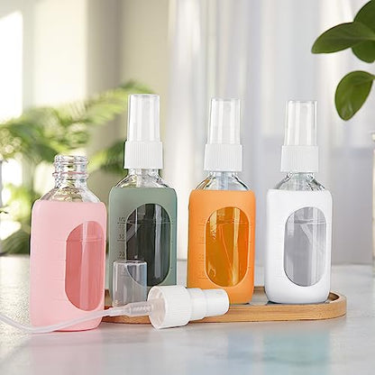 HOMBYS Empty Clear Glass 2oz Small Spray Bottles with Silicone Sleeve Protection - Refillable Containers for Travel, Cleaning Solutions, Essential Oils, Sanitizers - Fine Mist Spray - 4 Pack-Clear - color: Pink,White,Orange,Army Green