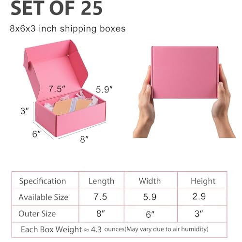 8x6x3 inch Pink Shipping Boxes for Small Business- Set of 25 - color: Pink, size: 8x6x3