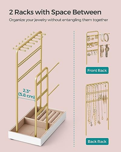 SONGMICS Jewelry Holder, Display Stand, Metal Frame, Velvet Tray - color: Pale Gold, size: 4.5"D x 7.7"W x 12.1"H