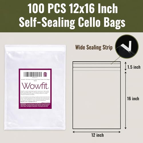 Wowfit 100 CT 12x16 Self Sealing Plastic Bags for Clothes, Shirts, Sweaters - size: 12x16 Inch (Pack of 100)