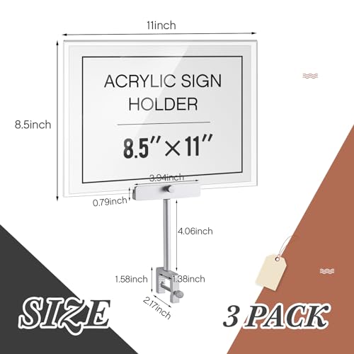 FoldTier 3 Set Aluminum Alloy Sign Holder Clamp with 8.5x11 Acrylic Frame - color: Silver, size: 8.5 x 11 Inches