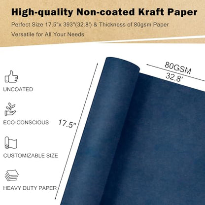 RUSPEPA Navy Blue Kraft Wrapping Paper Roll, 17.5"x 393"(32.8'), Recyclable Blue Art Gift Wrap Paper for Birthday Gift Wrapping, Table Covering, DIY Crafting, Fathers Day Bouquet Flower, 80GSM - color: Navy Blue, size: 17.5x393 Inch (Pack of 1)