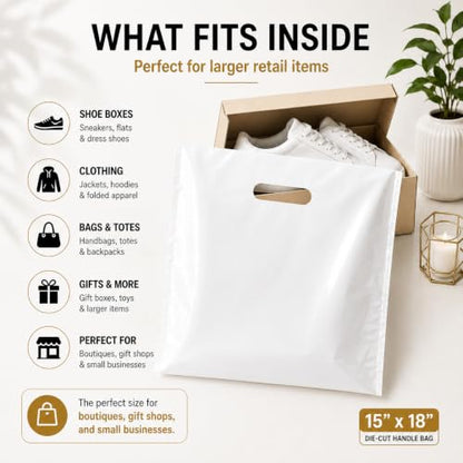 White Plastic Merchandise Bags, Die Cut Retail Shopping Bags for Small Business, Boutique & Store Packaging, 1.25 Mil, 9x12, 12x15, 15x18, Packs of 100, 200, 500 (100, 12x15) - size: 12x15