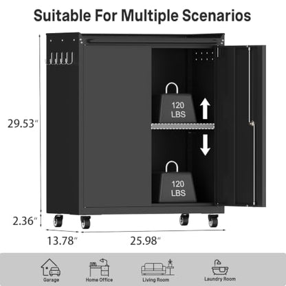 Metal Garage Storage Cabinet with Wheels, Lockable Rolling Tool Cabinet - color: Black, size: 26" W × 14" D × 31.88" H