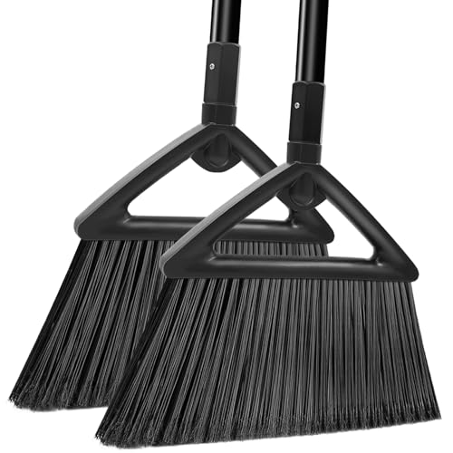 Heavy Duty Broom Outdoor and Indoor, 2 Pack Commercial Angle Brooms with Longer Handle, Perfect Black Broom for Garage, Kitchen, Courtyard, Restaurant - size: 2 * Black