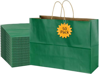 BLEWINDZ 50Pcs Paper Gift Bags Large 16x6x12 Inches - Kraft Paper Bags with Handles Bulk – Deep Green Goodie Bag Shopping Bag for Grocery Merchandise - color: Deep Green