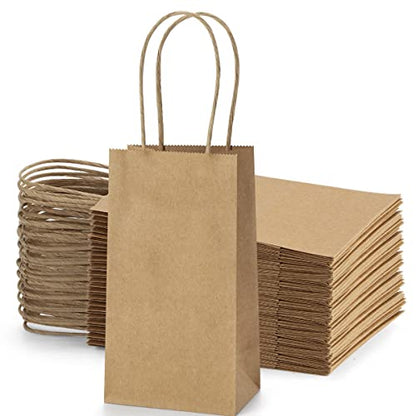 BagDream Mini Gift Bags with Handles 3.5x2.4x6.7 Inch Brown 100 Bulk Pack - color: Brown