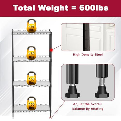 FDW | 4-Tier Wire Shelf | 18" x 12" x 44" | Black - color: Black, size: 4-Shelf No Wheels