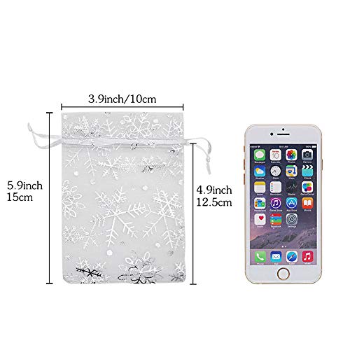 HRX Package 100pcs Snowflake Organza Gift Bags Christmas 4x6 inch, Small White Mesh Jewelry Pouches Little Drawstring Candy Bags - color: White-Snowflake