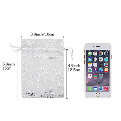 HRX Package 100pcs Snowflake Organza Gift Bags Christmas 4x6 inch, Small White Mesh Jewelry Pouches Little Drawstring Candy Bags - color: White-Snowflake