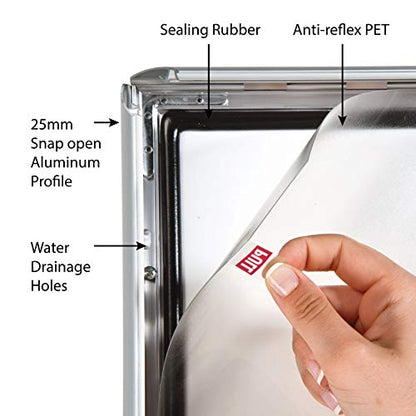 M&T Displays Weatherproof Snap Poster Frame 11x17 Inch Silver 1" Aluminum Profile Front Loading Wall Mounting Picture Photo Document Certificate Sign Holder Mitered Corner Anti Glare Cover