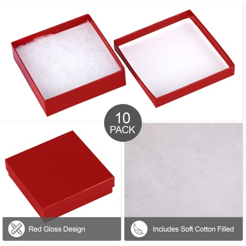 Cardboard Jewelry Boxes 10 Pack - 3.5"x3.5"x1" Bulk Cotton Filled Small Gift Boxes with Lids for Jewelry Packaging (Red) - color: Red