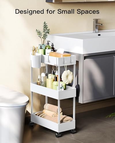 Pipishell 3 Tier Slim Storage Cart with Wheels, Bathroom Cart, White - color: White, size: 3-Tier