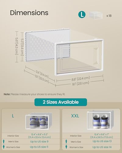 SONGMICS Shoe Boxes, Clear Plastic Sneaker Box, Pack of 18 - color: Transparent + White, size: L-18pcs