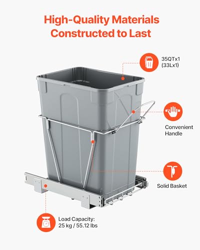 VEVOR Pullout Trash Can for Kitchen Cabinets, 35 QT Garbage Waste Recycling Bin, Under Mount Waste Container, with Heavy Duty Metal Full Extension Sliding System and Handle, for Sink, Under Counter - size: 35 QT, style: No Soft-Close Slide