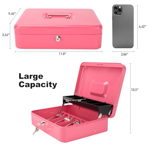 Cash Box with Key Lock & Foam Auto-Pop Coin Tray – Secure Steel Money Box with 4 Upgraded Finger-Safe Bill Clips, Premium Smooth Scratch-Resistant Coating, 11.8"L x 9.5"W x 3.5"H, KL Hot Pink - color: KL Hot Pink