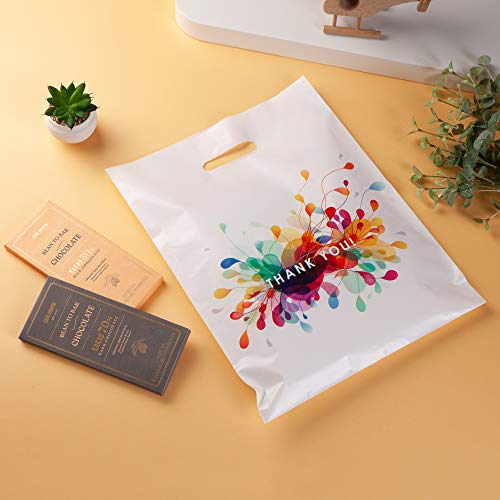Thank You Bags for Business with Handles 12x15 (100 Count, White) - Plastic Shopping Retail Bags for T Shirts