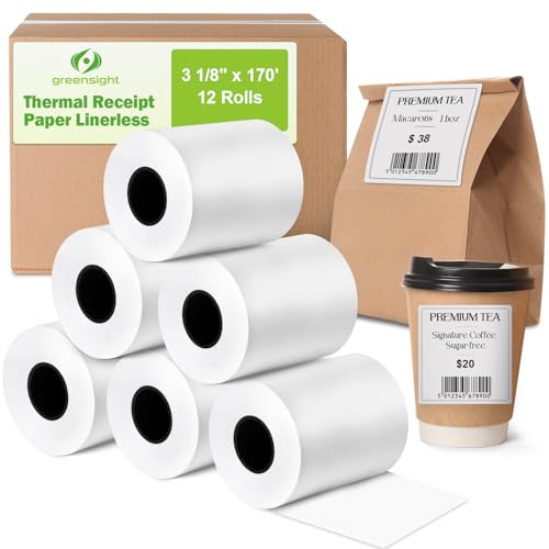 (12 Rolls) 3 1/8" x 170' Sticky Thermal Receipt Paper Linerless Label 80mm - size: 12 Roll (3 1/8" x 170')