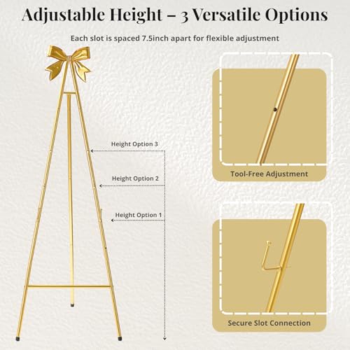 53”H Metal Gold Easel Stand for Sign Heavy Duty with Bow Top - color: Golden bow top