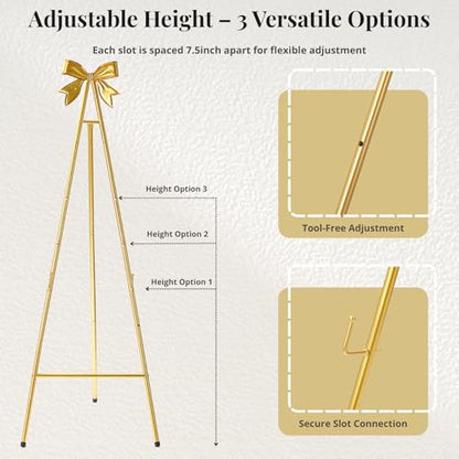 53”H Metal Gold Easel Stand for Sign Heavy Duty with Bow Top - color: Golden bow top