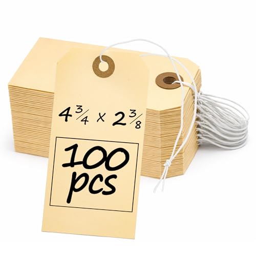 Perco Manila Shipping Tags with Elastic Strings — Large Durable Blank Paper Tags 4¾″ x 2⅜″ — Ideal for Labeling and Inventory Use — Box of 100 - size: Large Tags (100 pack), style: With Elastic Strings