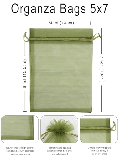 Jexila 100 Olive Green Organza Gift Bags 5X7 In Drawstring Mesh Favor Pouch - color: Olive Green