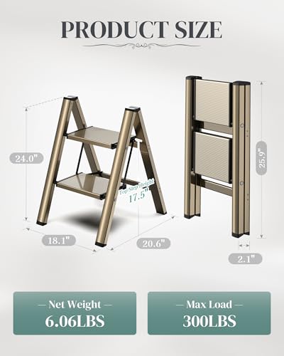2 Step Ladder, Foldable Aluminum Step Stool with Anti-Slip Pedal - color: Champagne Gold, size: 2 Step