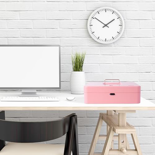 Cash Box with Money Tray and TOP Key & Push-Button Lock, Money Saving Lock Box, Safe Locking Box for Cash Register XL 11.8"x9.45"x3.54" Pink - color: Pink with top key