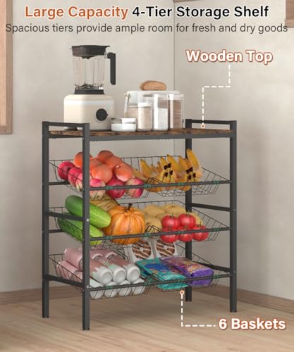 4-Tier Fruit and Vegetable Storage Rack, Freestanding Snack Stand Shelf with 6 Removable Baskets, Small Kitchen Island with Wood Top for Pantry Floor Organization, Black