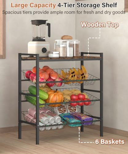 4-Tier Fruit and Vegetable Storage Rack, Freestanding Snack Stand Shelf with 6 Removable Baskets, Small Kitchen Island with Wood Top for Pantry Floor Organization, Black