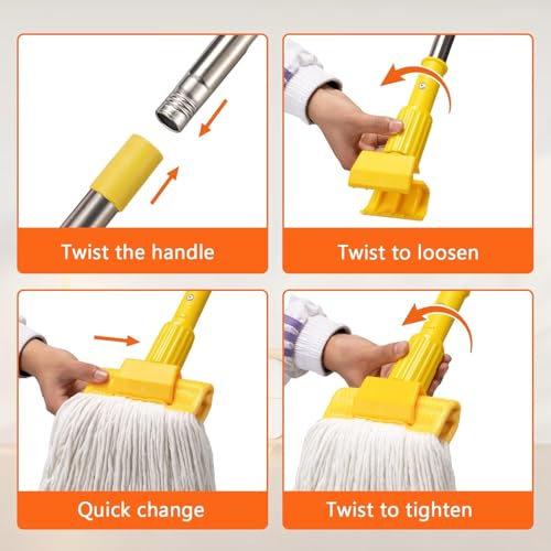 Heavy Duty Commercial Clip Mop with 48" Long Handle – Industrial Cotton Wet Mop for Floor Cleaning, Home, Kitchen, Office, Garage, Concrete & Tile Floors
