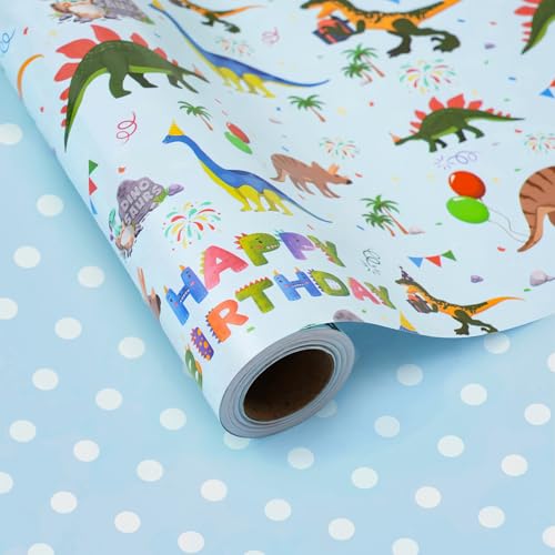 ZINTBIAL Dinosaur Reversible Wrapping Paper Roll - Boys & Girls Birthday Gift Wrapping Paper - 17 Inch x 33 Feet - Great for Baby Shower, Kids Party - Blue Dinosaur Design with White Polka Dots Back - color: Dinosaur -Blue