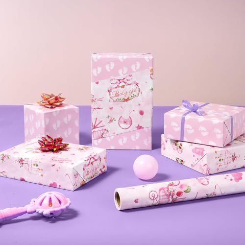 WERNNSAI Baby Girl Birthday Wrapping Paper, 33ft Pink Baby Wrapping Paper - color: Girl Baby