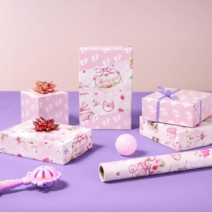 WERNNSAI Baby Girl Birthday Wrapping Paper, 33ft Pink Baby Wrapping Paper - color: Girl Baby