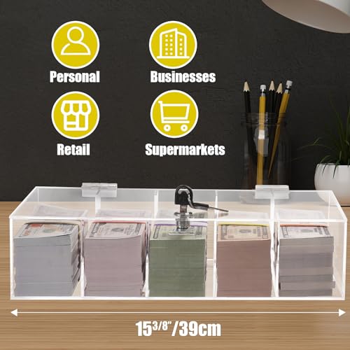 Acrylic Locking Currency Tray With 300 Currency Wrappers, 5 Compartment Clear Cash Organizer Money Storage Box with Lockable Cover for Cash, Moneyboxes Currency Cash Holder for Money