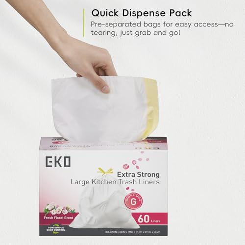 EKO 21 Gallon / 50-90 Liter, 60 Count Drawstring Trash Bags, Extra-Strong Garbage Bags, Fresh Floral Scent with Continuous Odor Control, Easy-Dispense Roll for Kitchen and Household Use, Code G, White - size: 60 Count (Pack of 1), style: 21 Gallon Bags/Co