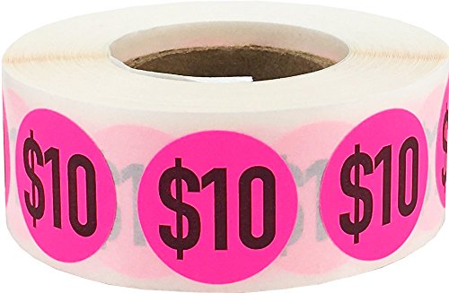 $10 Price Stickers Fluorescent Pink .75 Inch Round Circle Dots 500 Total Adhesive Stickers - color: $10