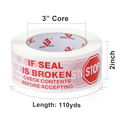 BOMEI PACK Stop Sign Sealing Tape,Pre-Printed IF Seal is Broken Check Contents Before Accepting Packing Tape with Dispenser 2 Inch x 110 Yards Heavy Duty Shipping Tape for Moving,Sealing