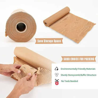 12 Inch x 230 Ft Honeycomb Kraft Packaging Paper Roll, Plastic Free Cushioning Packing Paper with Fragile Warning Labels, Recyclable Bubble Wrap Substitute for Household Moving & Business Shipping - color: Brown