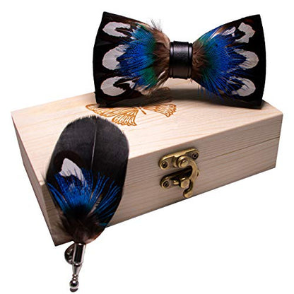 RBOCOTT Handmade Feather Pre-tied Bow tie and Brooch Sets for Men - color: Blue/White/Black
